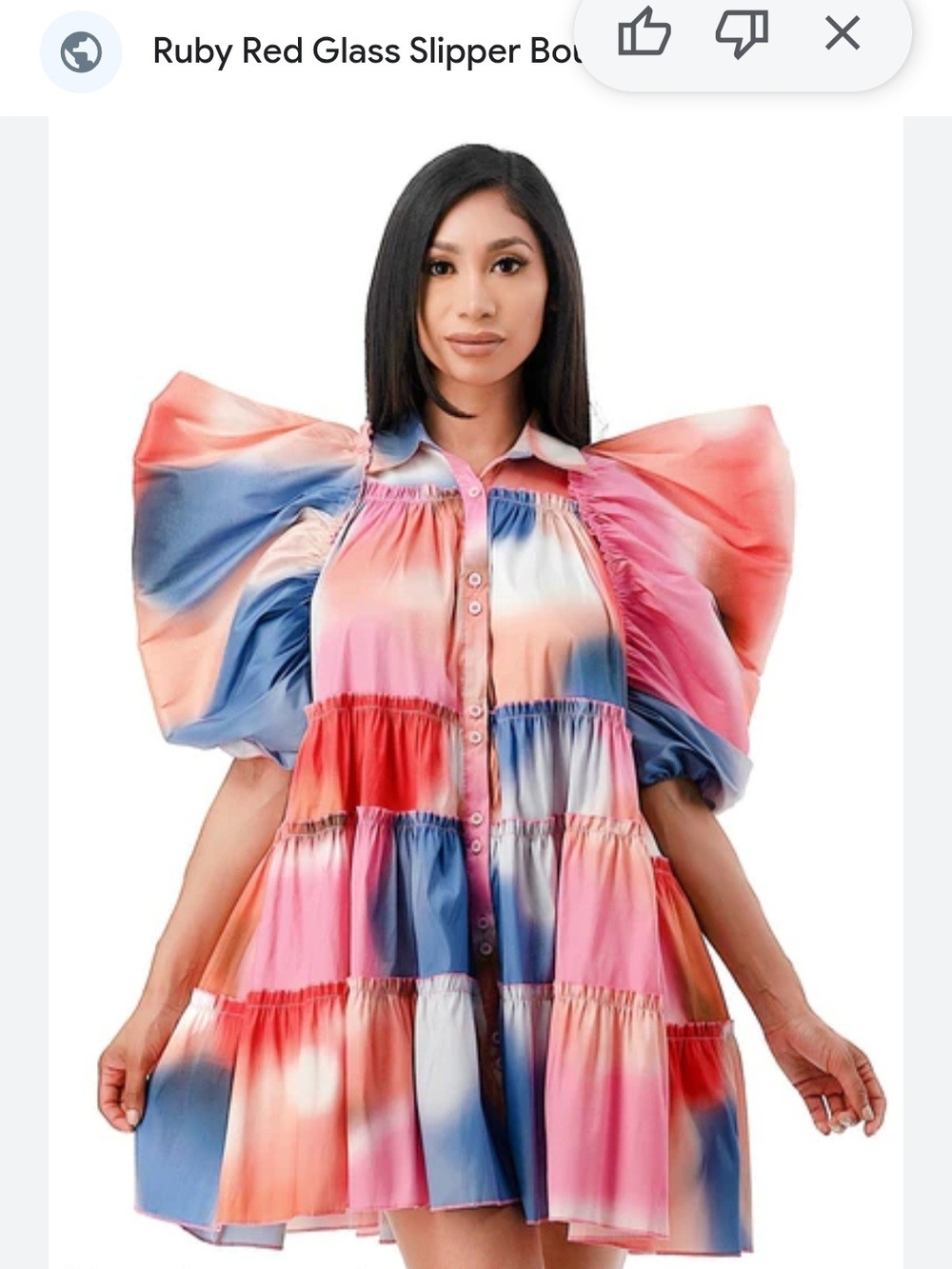 "ShowStopper" Balloon Dress. Color-Block Tiered Puff Sleeve Mini. Size Large